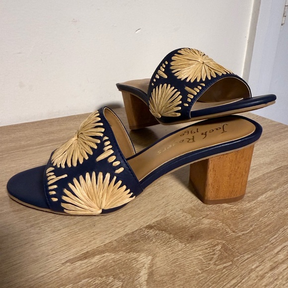 Jack Rogers BETTINA Navy and Tan Block Heel Sandals Raffia Size 5 - Picture 4 of 7